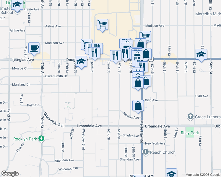 map of restaurants, bars, coffee shops, grocery stores, and more near 3407 62nd Street in Des Moines