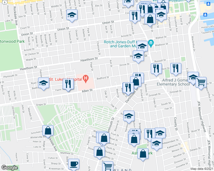 map of restaurants, bars, coffee shops, grocery stores, and more near 275 Allen Street in New Bedford