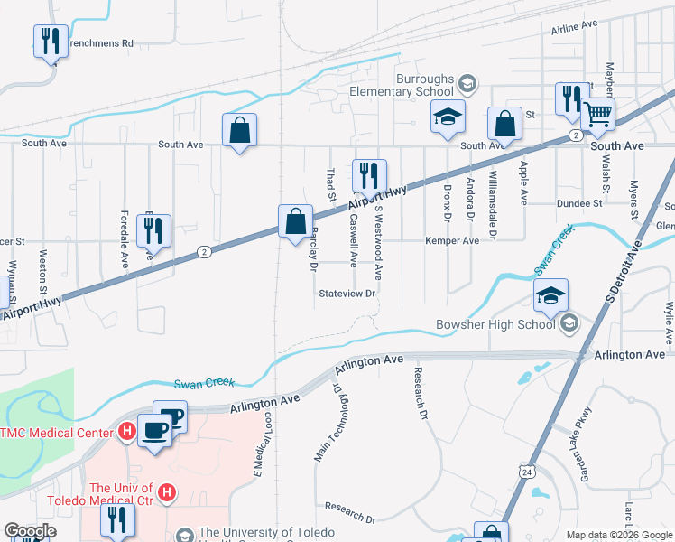 map of restaurants, bars, coffee shops, grocery stores, and more near 2721 Burwell Dr in Toledo
