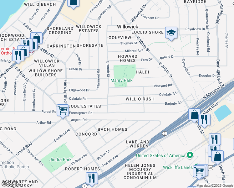 map of restaurants, bars, coffee shops, grocery stores, and more near 30028 Vineyard Road in Willowick
