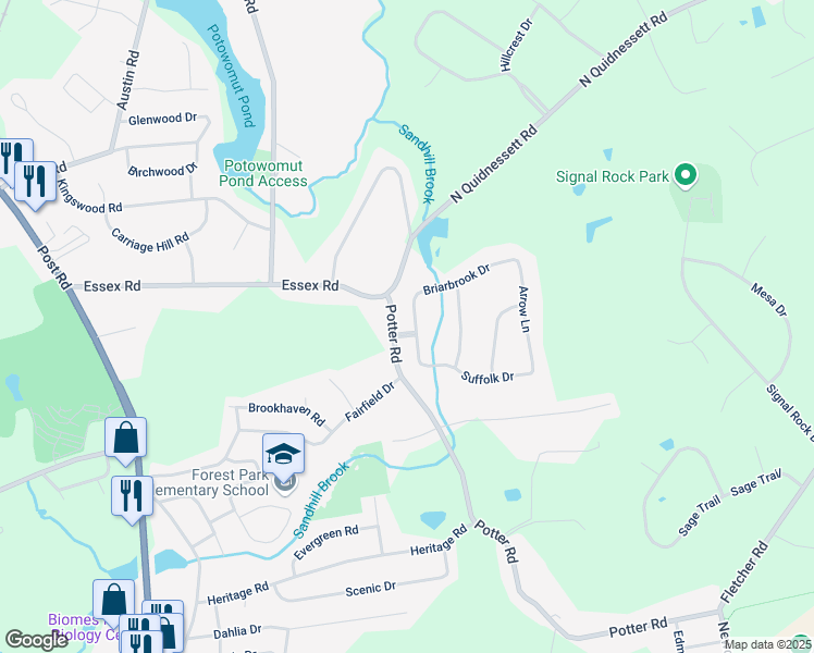 map of restaurants, bars, coffee shops, grocery stores, and more near 94 Briarbrook Drive in North Kingstown