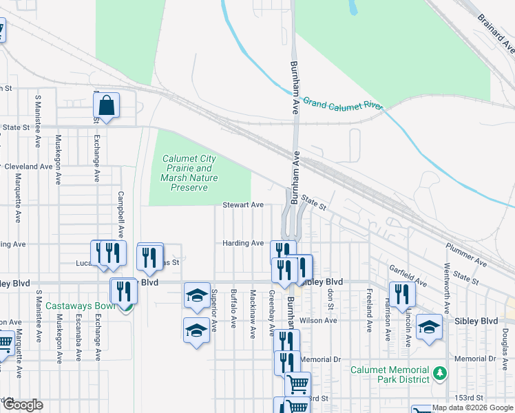 map of restaurants, bars, coffee shops, grocery stores, and more near 371 Mackinaw Avenue in Calumet City