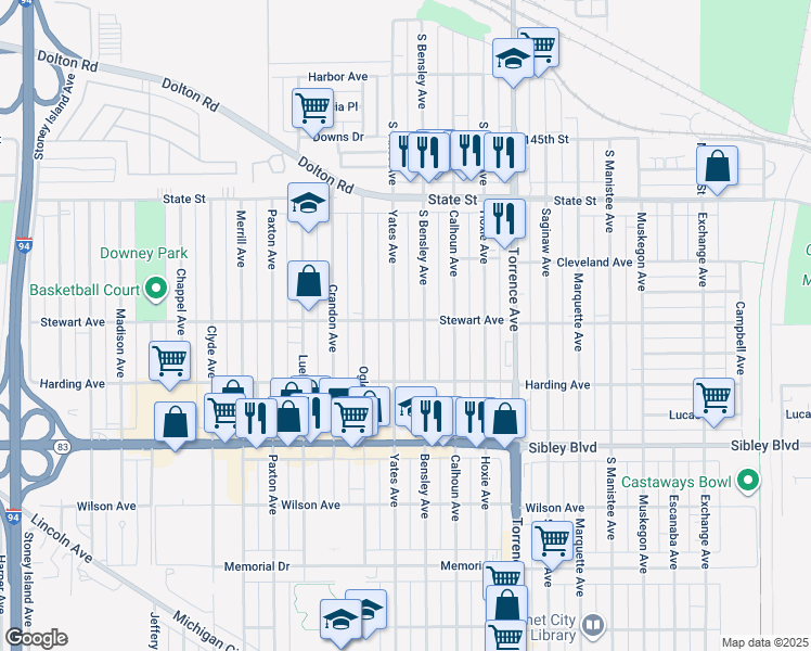 map of restaurants, bars, coffee shops, grocery stores, and more near 371 Yates Avenue in Calumet City