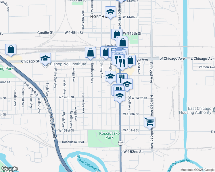 map of restaurants, bars, coffee shops, grocery stores, and more near 4817 Baring Avenue in East Chicago