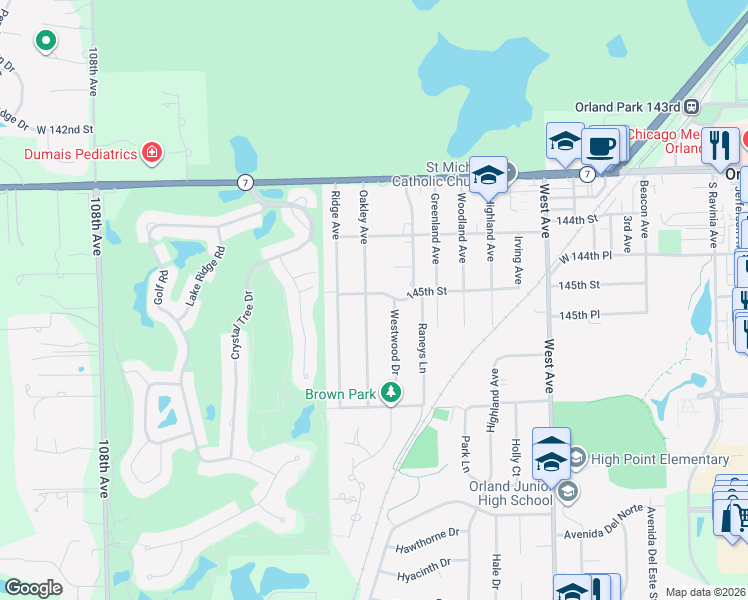 map of restaurants, bars, coffee shops, grocery stores, and more near 14456 Oakley Avenue in Orland Park