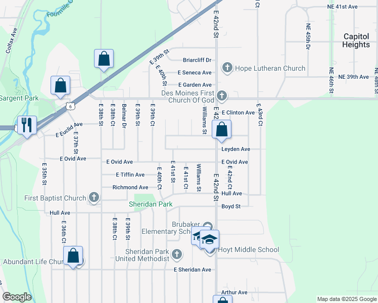map of restaurants, bars, coffee shops, grocery stores, and more near 4130 Leyden Avenue in Des Moines