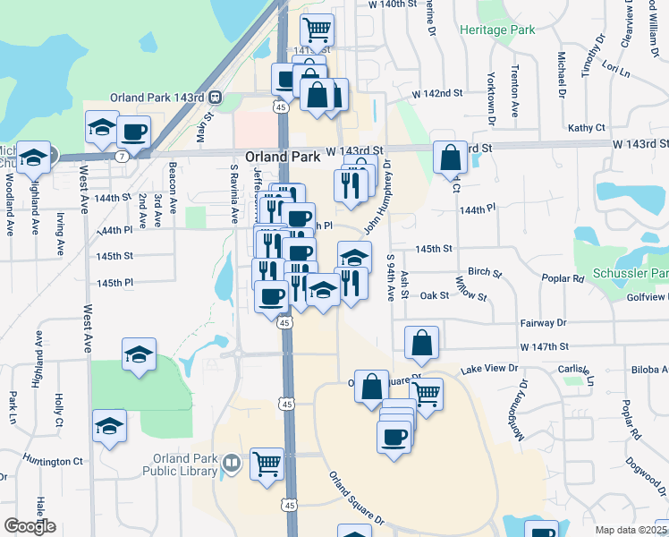 map of restaurants, bars, coffee shops, grocery stores, and more near 14492 John Humphrey Drive in Orland Park