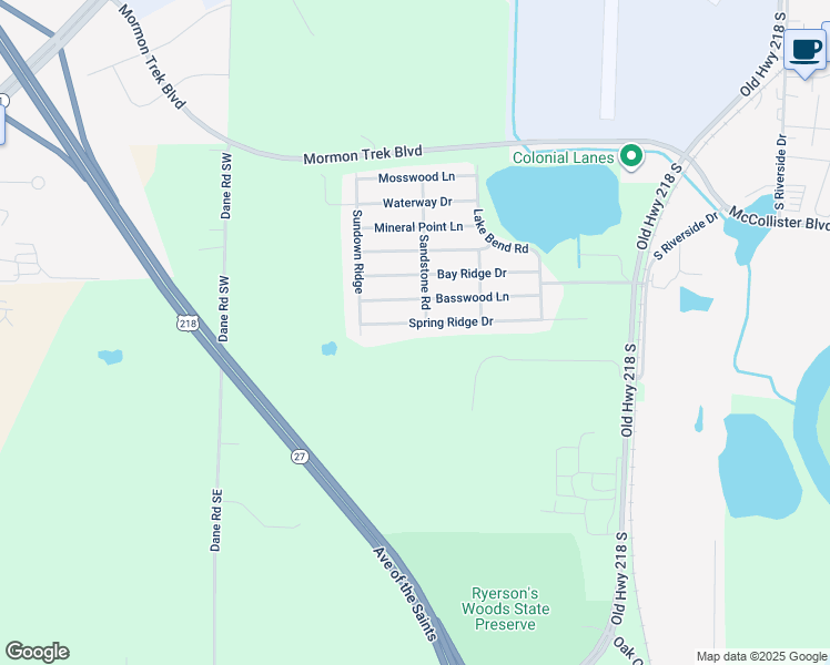 map of restaurants, bars, coffee shops, grocery stores, and more near 953 Spring Ridge Drive in Iowa City