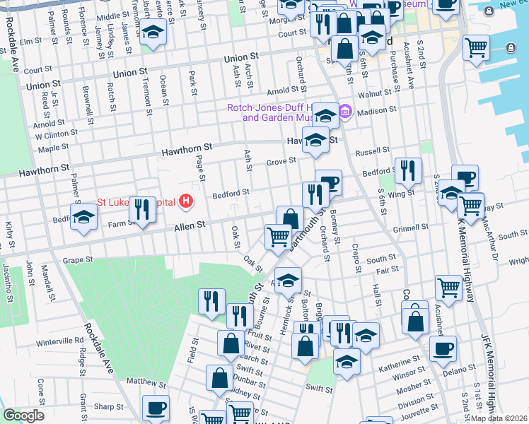 map of restaurants, bars, coffee shops, grocery stores, and more near 62 Ward Street in New Bedford