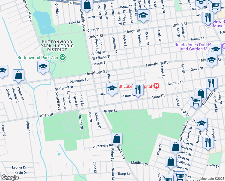 map of restaurants, bars, coffee shops, grocery stores, and more near 72 Ryan Street in New Bedford