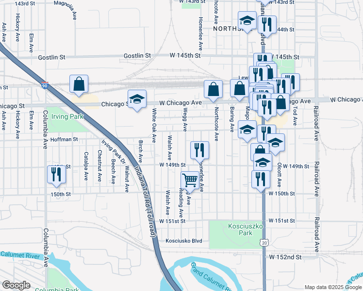 map of restaurants, bars, coffee shops, grocery stores, and more near 4817 Wegg Ave in East Chicago