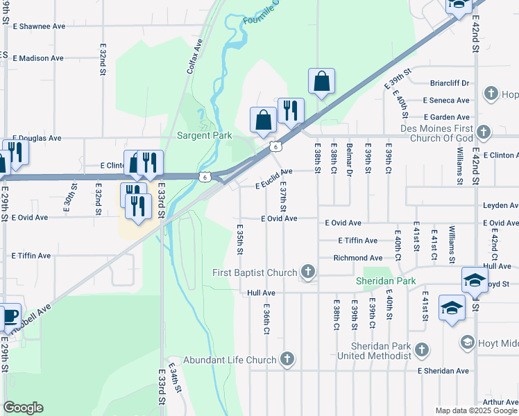 map of restaurants, bars, coffee shops, grocery stores, and more near 3419 East 35th Street in Des Moines