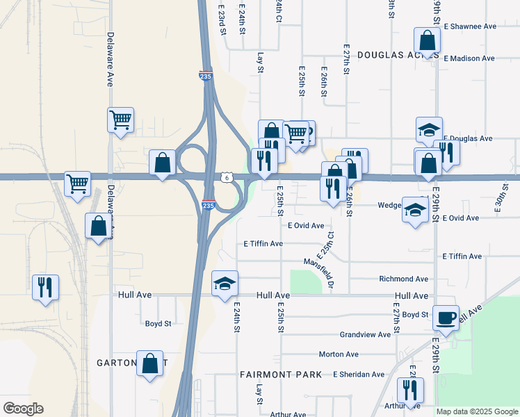 map of restaurants, bars, coffee shops, grocery stores, and more near 3400 East 25th Street in Des Moines