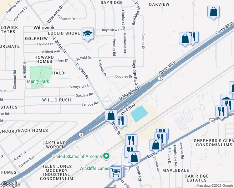map of restaurants, bars, coffee shops, grocery stores, and more near 891 Brittney Court in Willowick