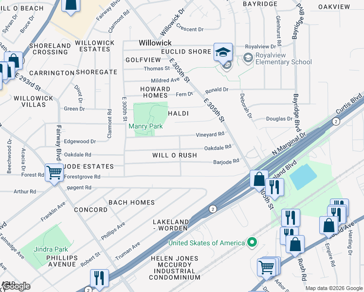 map of restaurants, bars, coffee shops, grocery stores, and more near 30201 Oakdale Road in Willowick