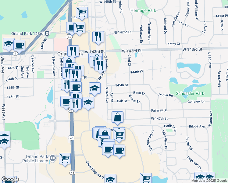 map of restaurants, bars, coffee shops, grocery stores, and more near 9332 Birch Street in Orland Park