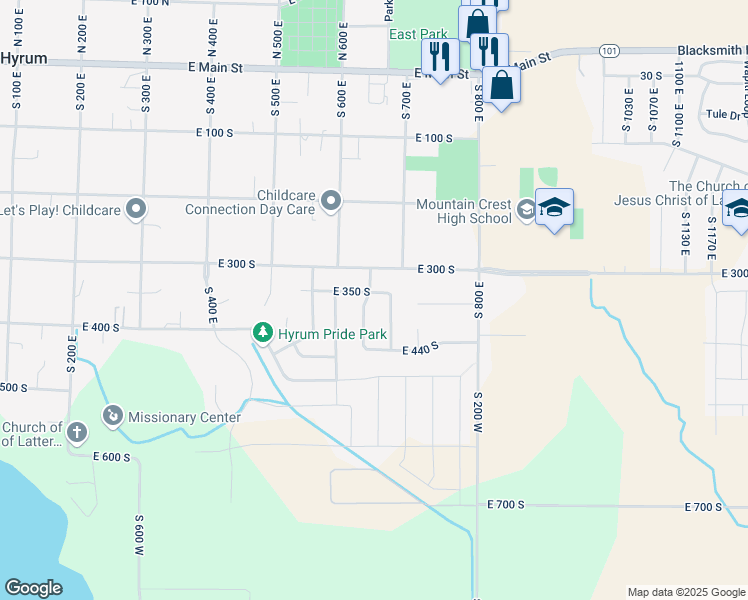 map of restaurants, bars, coffee shops, grocery stores, and more near 365 South 650 East in Hyrum