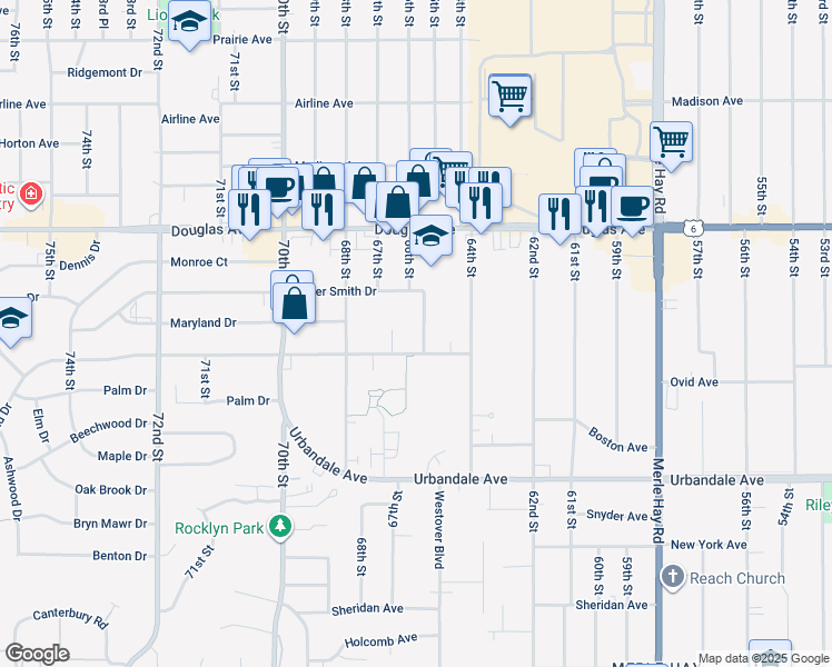 map of restaurants, bars, coffee shops, grocery stores, and more near 3422 66th Street in Urbandale