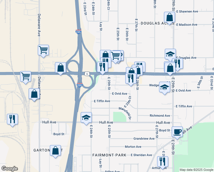 map of restaurants, bars, coffee shops, grocery stores, and more near 3400 East 25th Street in Des Moines