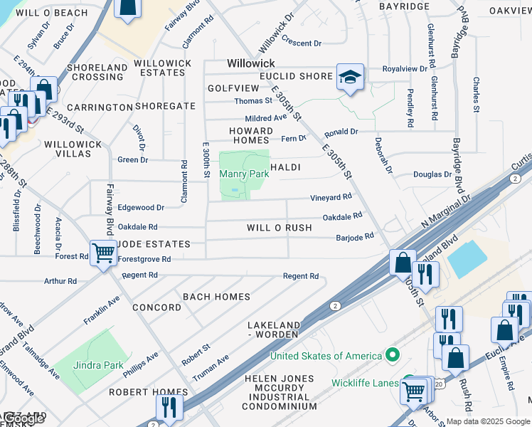 map of restaurants, bars, coffee shops, grocery stores, and more near 30125 Oakdale Road in Willowick