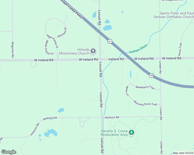 map of restaurants, bars, coffee shops, grocery stores, and more near 59657 Locust Road in South Bend