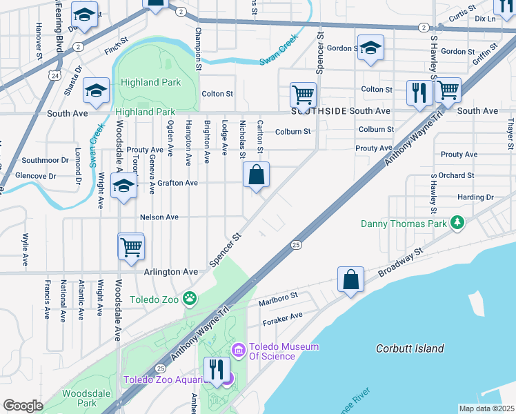 map of restaurants, bars, coffee shops, grocery stores, and more near 752 Spencer Street in Toledo