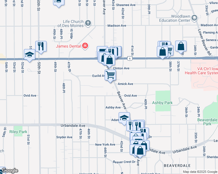 map of restaurants, bars, coffee shops, grocery stores, and more near 3410 Beaver Avenue in Des Moines