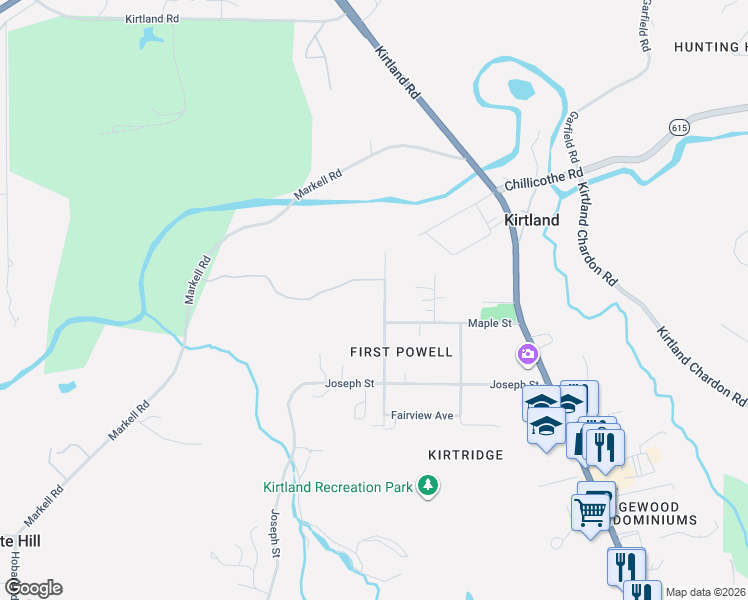 map of restaurants, bars, coffee shops, grocery stores, and more near 8994 Elm Street in Kirtland