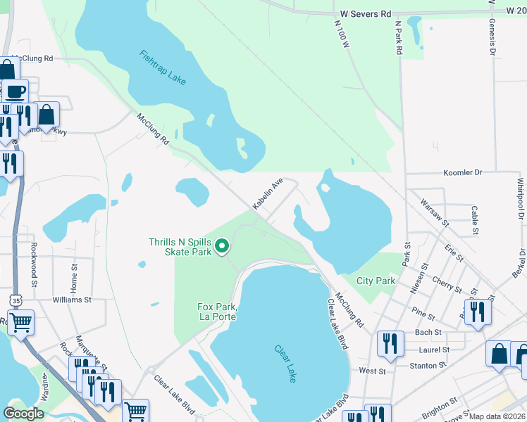 map of restaurants, bars, coffee shops, grocery stores, and more near 134 Seymour Avenue in La Porte