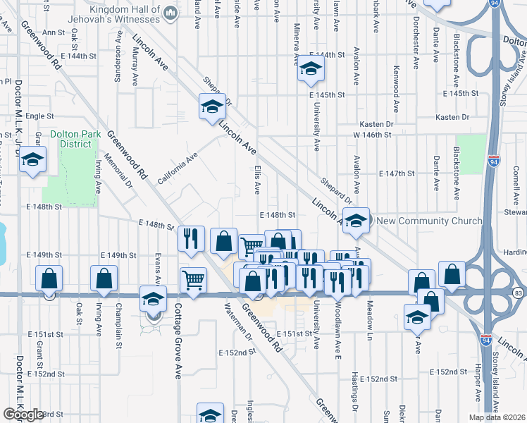 map of restaurants, bars, coffee shops, grocery stores, and more near 14745 Ellis Avenue in Dolton