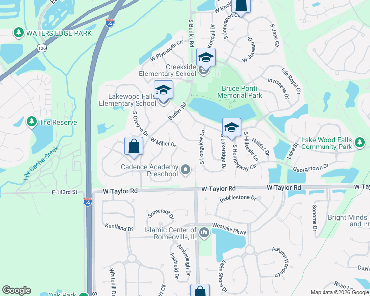 map of restaurants, bars, coffee shops, grocery stores, and more near 22016 West Miller Court in Plainfield
