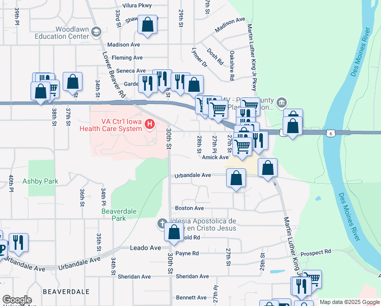 map of restaurants, bars, coffee shops, grocery stores, and more near 2815 Shadyoak Drive in Des Moines