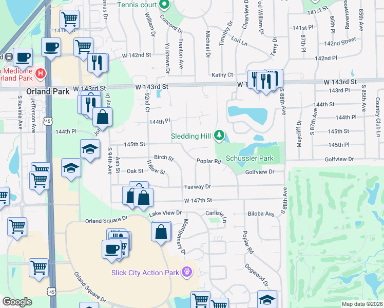 map of restaurants, bars, coffee shops, grocery stores, and more near 9116 Poplar Road in Orland Park