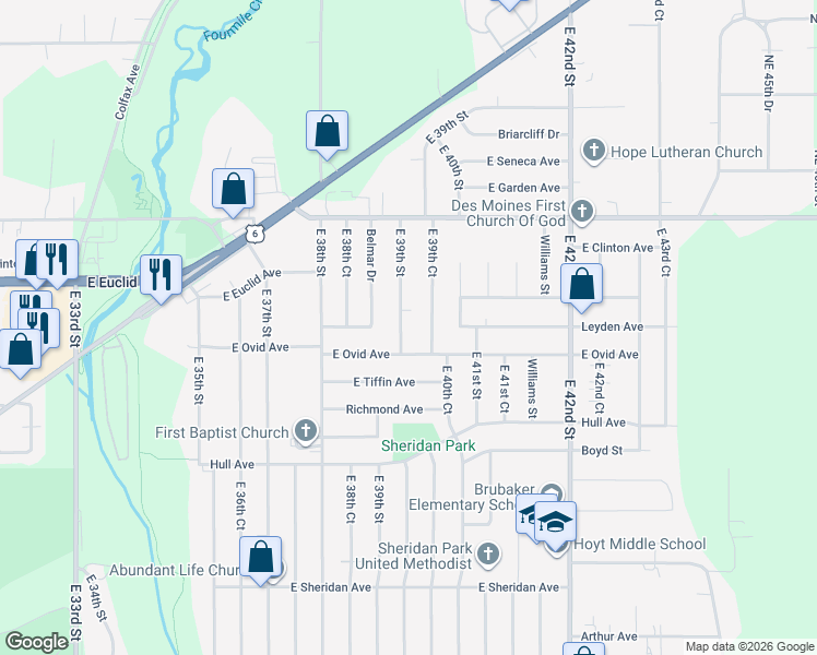 map of restaurants, bars, coffee shops, grocery stores, and more near 3407 East 39th Street in Des Moines