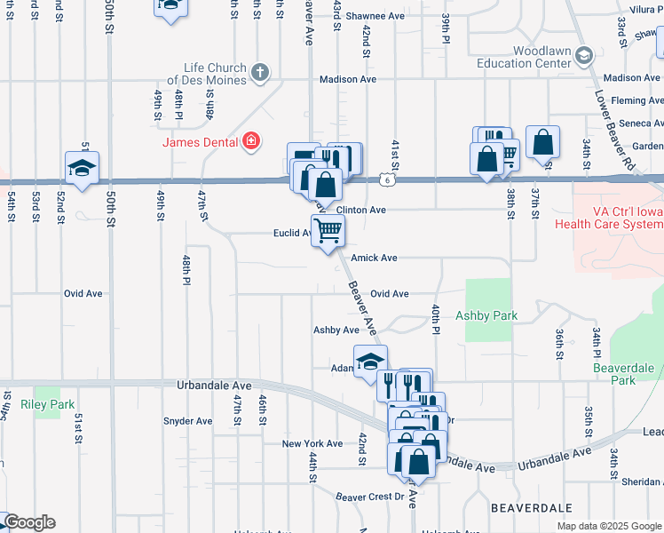 map of restaurants, bars, coffee shops, grocery stores, and more near 3410 Beaver Avenue in Des Moines