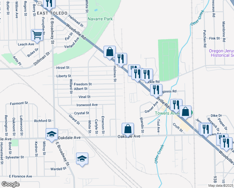 map of restaurants, bars, coffee shops, grocery stores, and more near 1355 Holmes Street in Toledo