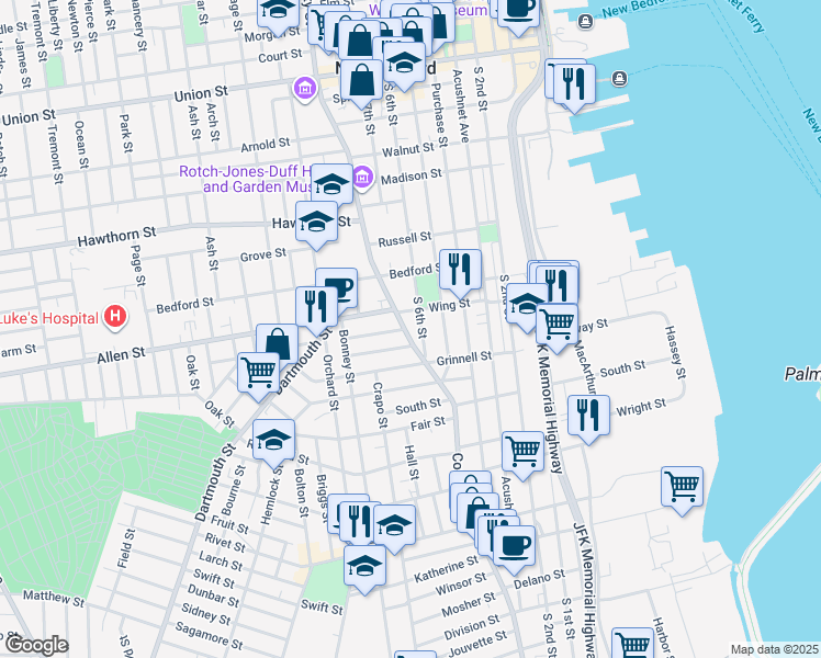 map of restaurants, bars, coffee shops, grocery stores, and more near 108 South 6th Street in New Bedford