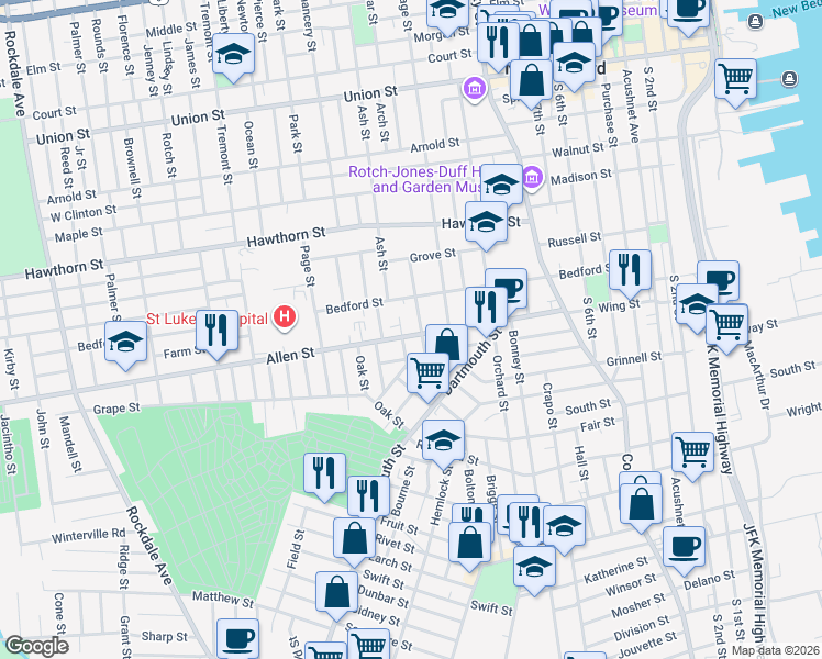 map of restaurants, bars, coffee shops, grocery stores, and more near 62 Ward Street in New Bedford