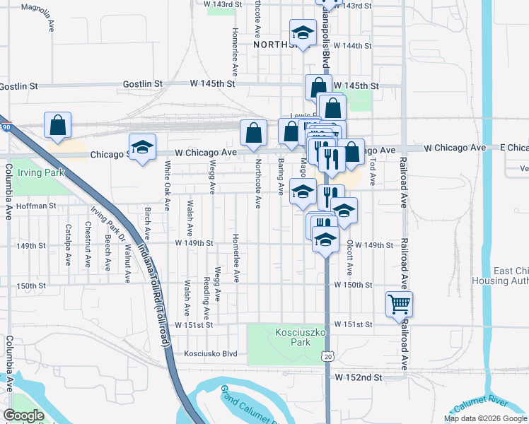 map of restaurants, bars, coffee shops, grocery stores, and more near 4821 Northcote Avenue in East Chicago