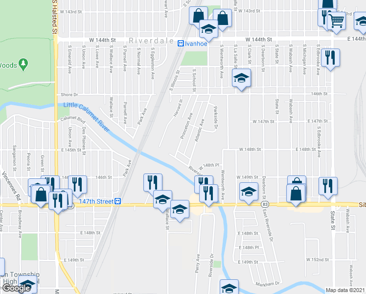 map of restaurants, bars, coffee shops, grocery stores, and more near 14743 Princeton Avenue in Dolton