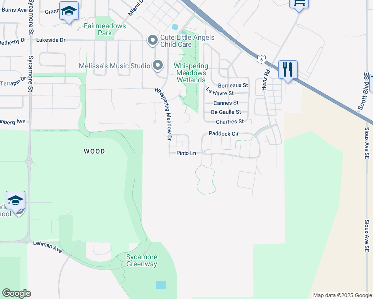 map of restaurants, bars, coffee shops, grocery stores, and more near 2682 Pinto Lane in Iowa City
