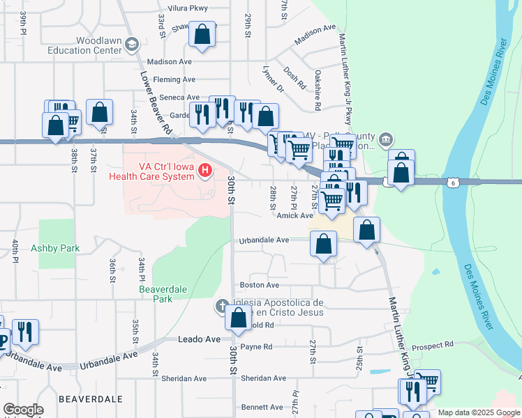 map of restaurants, bars, coffee shops, grocery stores, and more near 2815 Shadyoak Drive in Des Moines