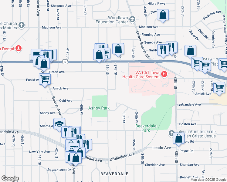 map of restaurants, bars, coffee shops, grocery stores, and more near 3704 Amick Avenue in Des Moines