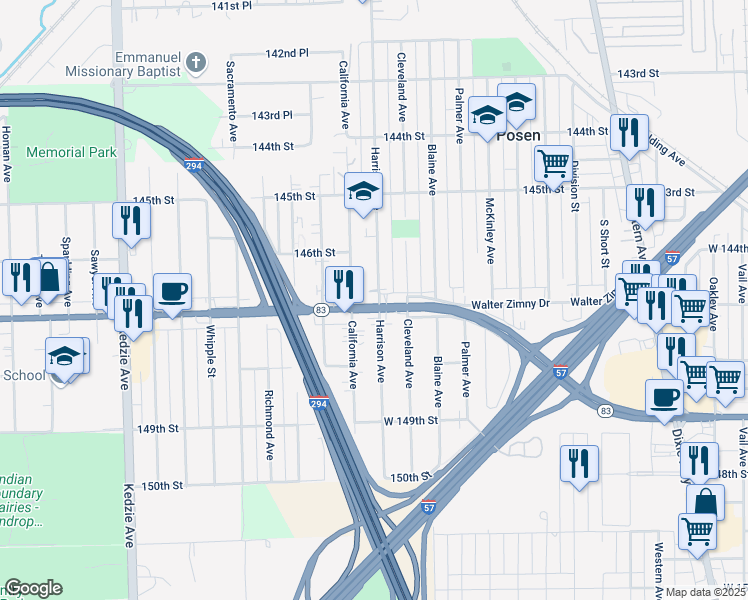 map of restaurants, bars, coffee shops, grocery stores, and more near 2716 147th Street in Posen