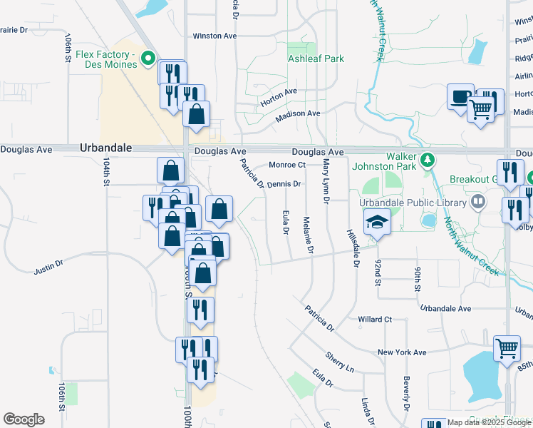 map of restaurants, bars, coffee shops, grocery stores, and more near 3566 Patricia Drive in Urbandale