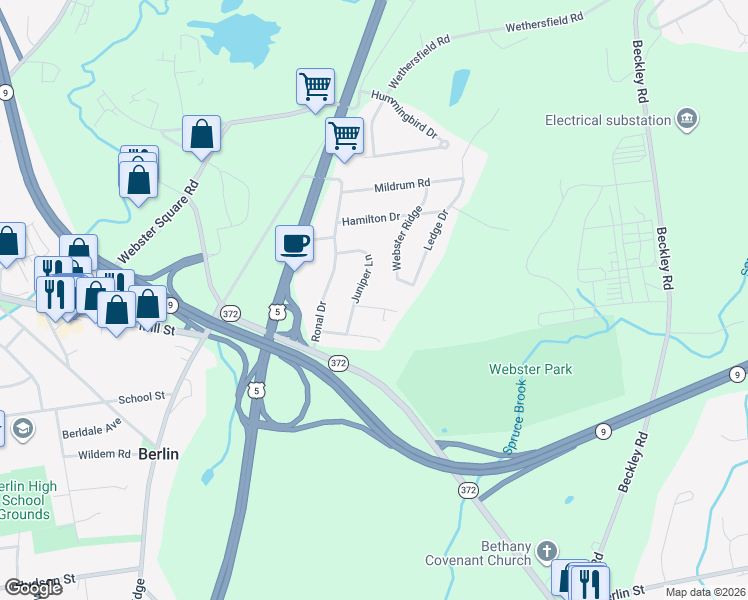 map of restaurants, bars, coffee shops, grocery stores, and more near 25 Laurel Drive in Berlin