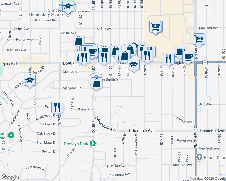 map of restaurants, bars, coffee shops, grocery stores, and more near 3425 68th Street in Urbandale