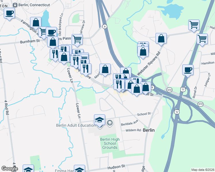 map of restaurants, bars, coffee shops, grocery stores, and more near 47 Mill Street in Berlin