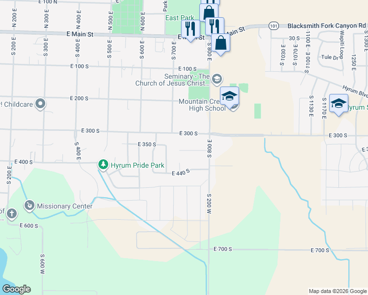 map of restaurants, bars, coffee shops, grocery stores, and more near 735 Canyon View Drive in Hyrum