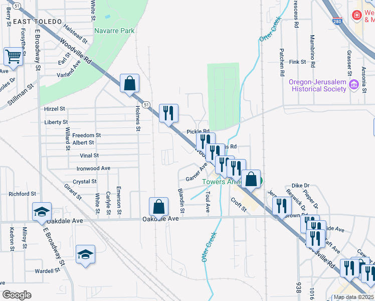map of restaurants, bars, coffee shops, grocery stores, and more near 1920 Woodville Road in Oregon